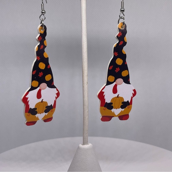 Fall & Halloween gnome themed orange, black, red faux leather trardrop earrings - Picture 5 of 6